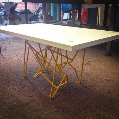BBC TV show "Money for Nothing" Upcycling of old kitchen work tops into corian and steel tangled legs coffee table
